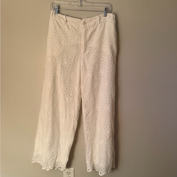 Sundance Cotton White Wide-leg Eyelet Trousers Women’s P8 Preppy Coastal - Picture 2 of 6